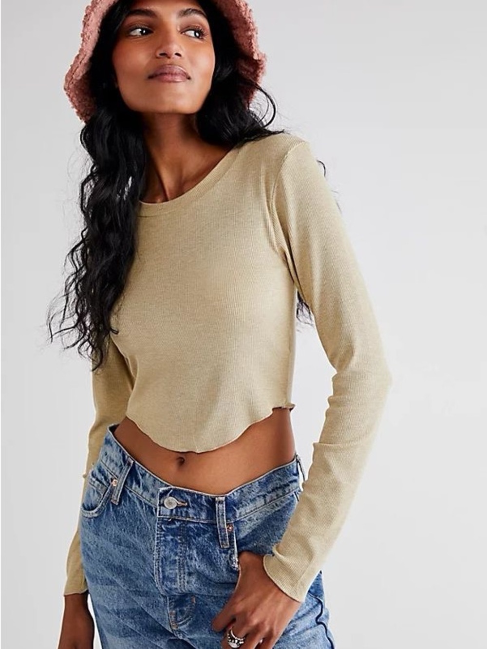 LNA Long-Sleeve Ribbed Cropped Top in Beige